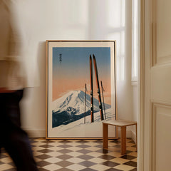 Vintage Ski Poster – Mount Fuji Japanese Alpine Wall Art — framed canvas on floor man walking past