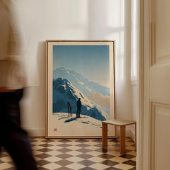 Ski Touring Art Print – Vintage Alpine Poster Wall Art — framed canvas on floor man walking past