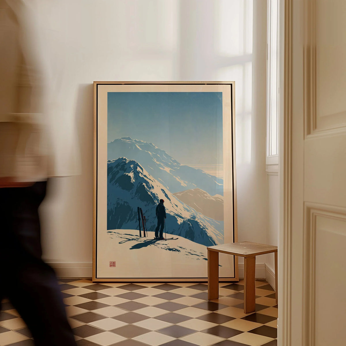 Ski Touring Art Print – Vintage Alpine Poster Wall Art — framed canvas on floor man walking past