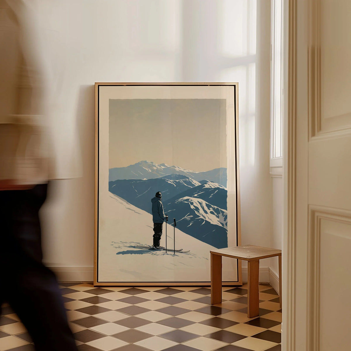 Ski Poster – Vintage Mountain Skier Wall Art — framed canvas on floor man walking past