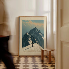 Ski Mountaineering Print – Vintage Alpine Summit Wall Art — framed canvas on floor man walking past