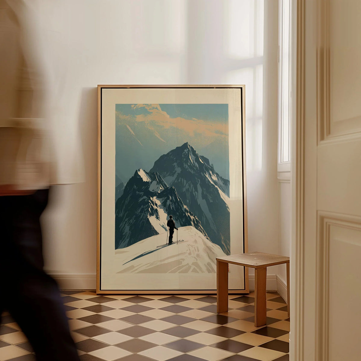 Ski Mountaineering Print – Vintage Alpine Summit Wall Art — framed canvas on floor man walking past