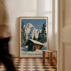 Ski Cabin Art Print – Vintage Alpine Chalet Wall Art — framed canvas on floor man walking past