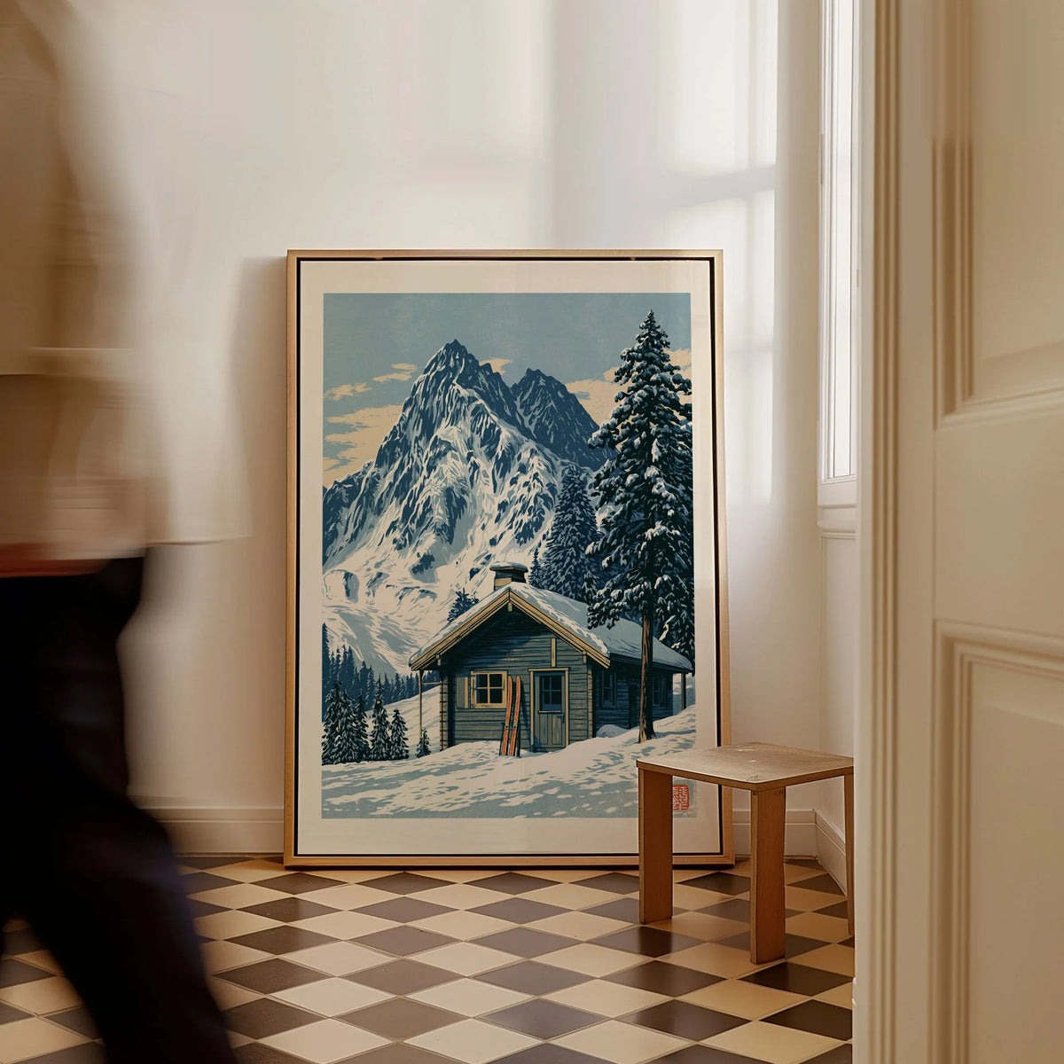 Ski Hut Poster – Vintage Alpine Cabin Wall Art — framed canvas on floor man walking past