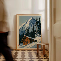 Log Cabin Ski Print – Vintage Alpine Lodge Wall Art — framed canvas on floor man walking past