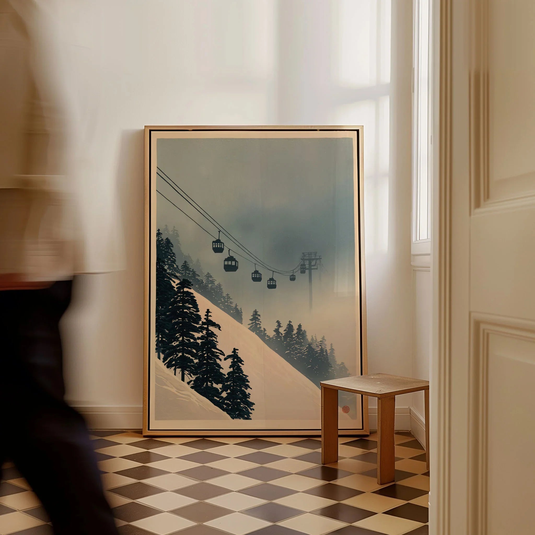 Misty Ski Lift Art Print – Vintage Alpine Gondola Wall Art — framed canvas on floor man walking past
