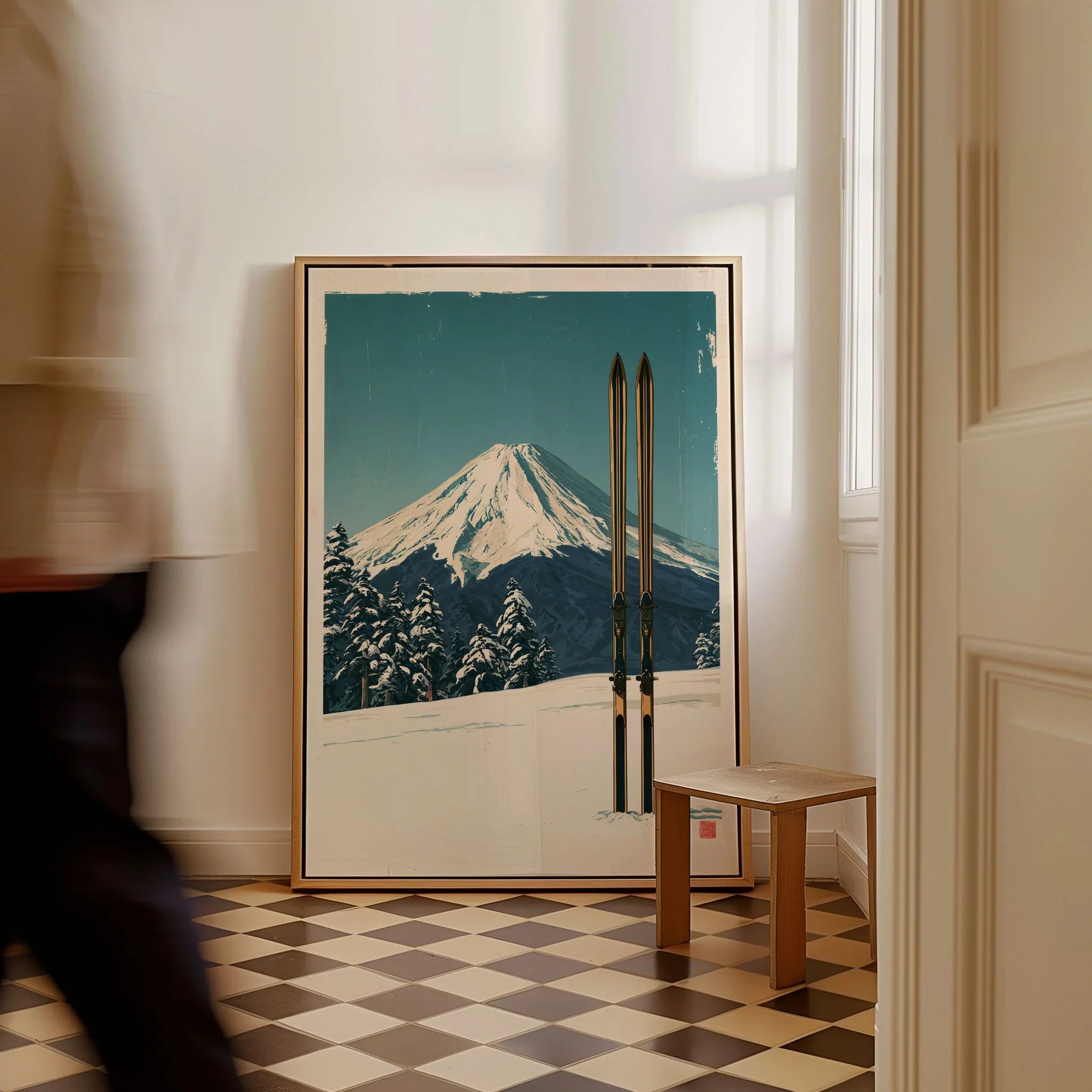 Mount Fuji Ski Poster – Vintage Japanese Alpine Print — framed canvas on floor man walking past