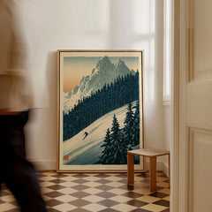 Alpine Ski Poster – Vintage Mountain Forest Wall Art — framed canvas on floor man walking past
