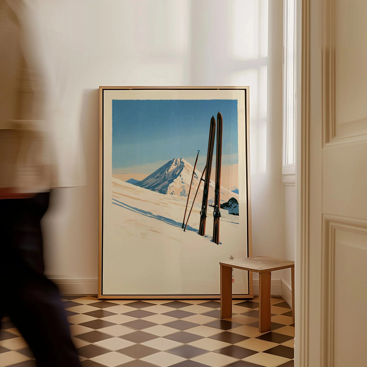 Vintage Ski Print – Japanese Woodblock Mountain Wall Art — framed canvas on floor man walking past