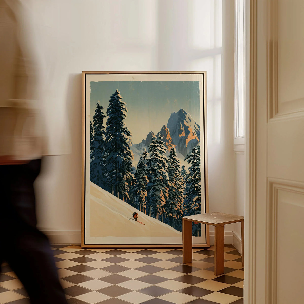 Ski Run Art Print – Vintage Alpine Forest Wall Art — framed canvas on floor man walking past