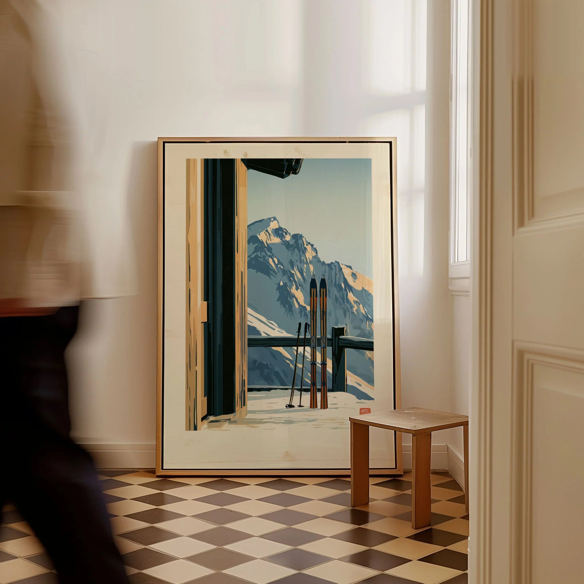Chalet Ski Poster – Vintage Alpine Balcony Wall Art — framed canvas on floor man walking past