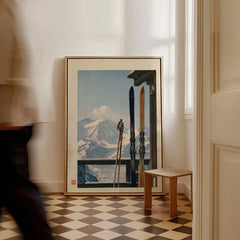 Vintage Skis Art Print – Alpine Chalet Balcony Wall Art — framed canvas on floor man walking past