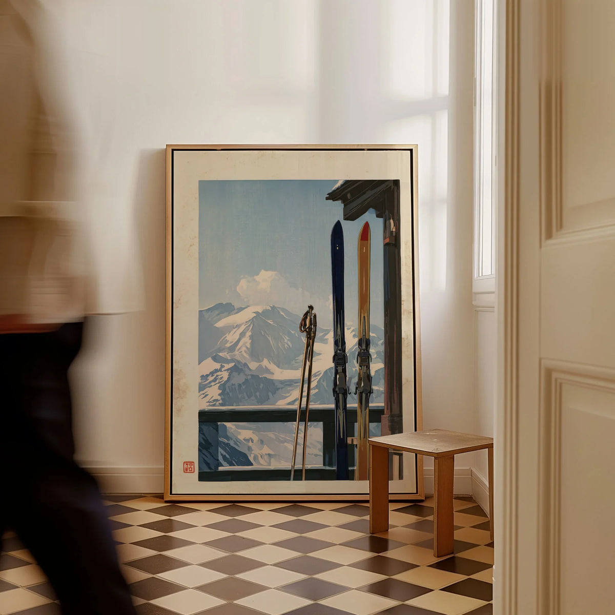 Vintage Skis Art Print – Alpine Chalet Balcony Wall Art — framed canvas on floor man walking past