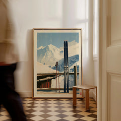 Retro Ski Poster – Vintage Skis Alpine Wall Art — framed canvas on floor man walking past