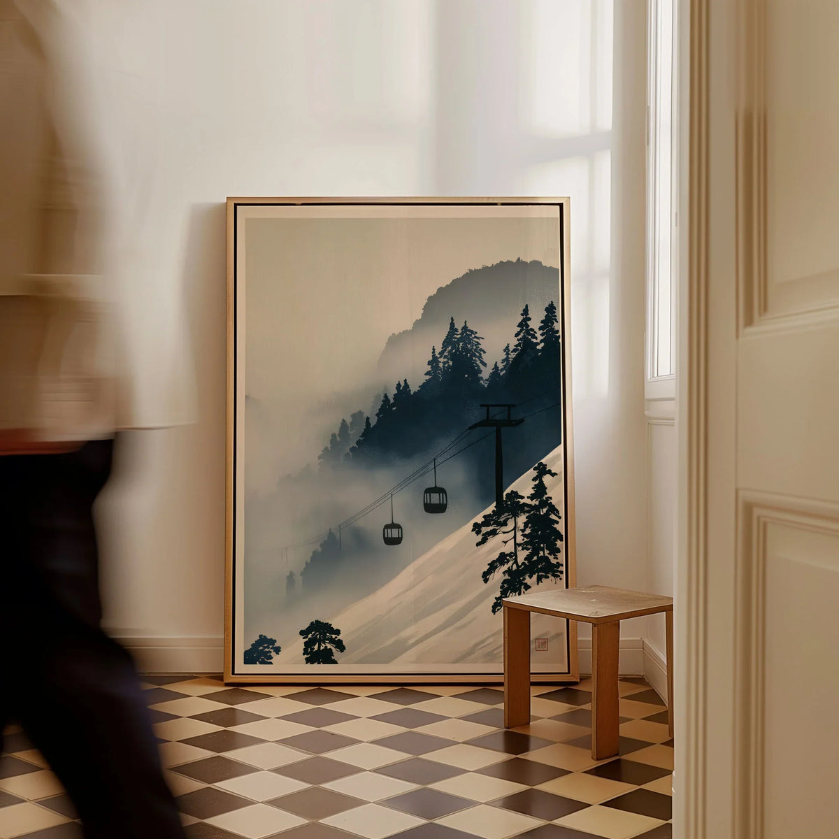 Ski Lift in Mist Print – Vintage Alpine Wall Art — framed canvas on floor man walking past