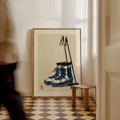 Vintage Ski Boots Art Print – Retro Ski Poster Wall Art — framed canvas on floor man walking past