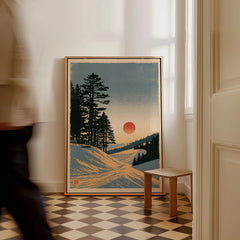 Ski Sunset Poster – Vintage Japanese Alpine Wall Art — framed canvas on floor man walking past