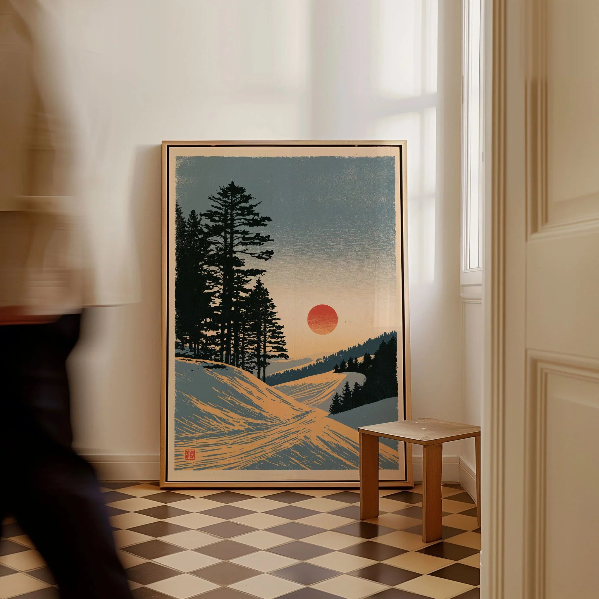 Ski Sunset Poster – Vintage Japanese Alpine Wall Art — framed canvas on floor man walking past