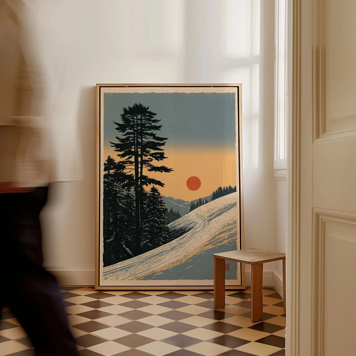 Winter Sunset Ski Print – Vintage Alpine Wall Art — framed canvas on floor man walking past