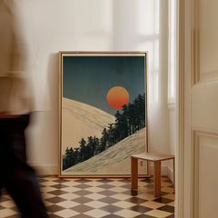Ski Slope Art Print – Vintage Winter Sunset Wall Art — framed canvas on floor man walking past