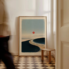 Minimalist Ski Poster – Japanese Red Sun Snow Wall Art — framed canvas on floor man walking past