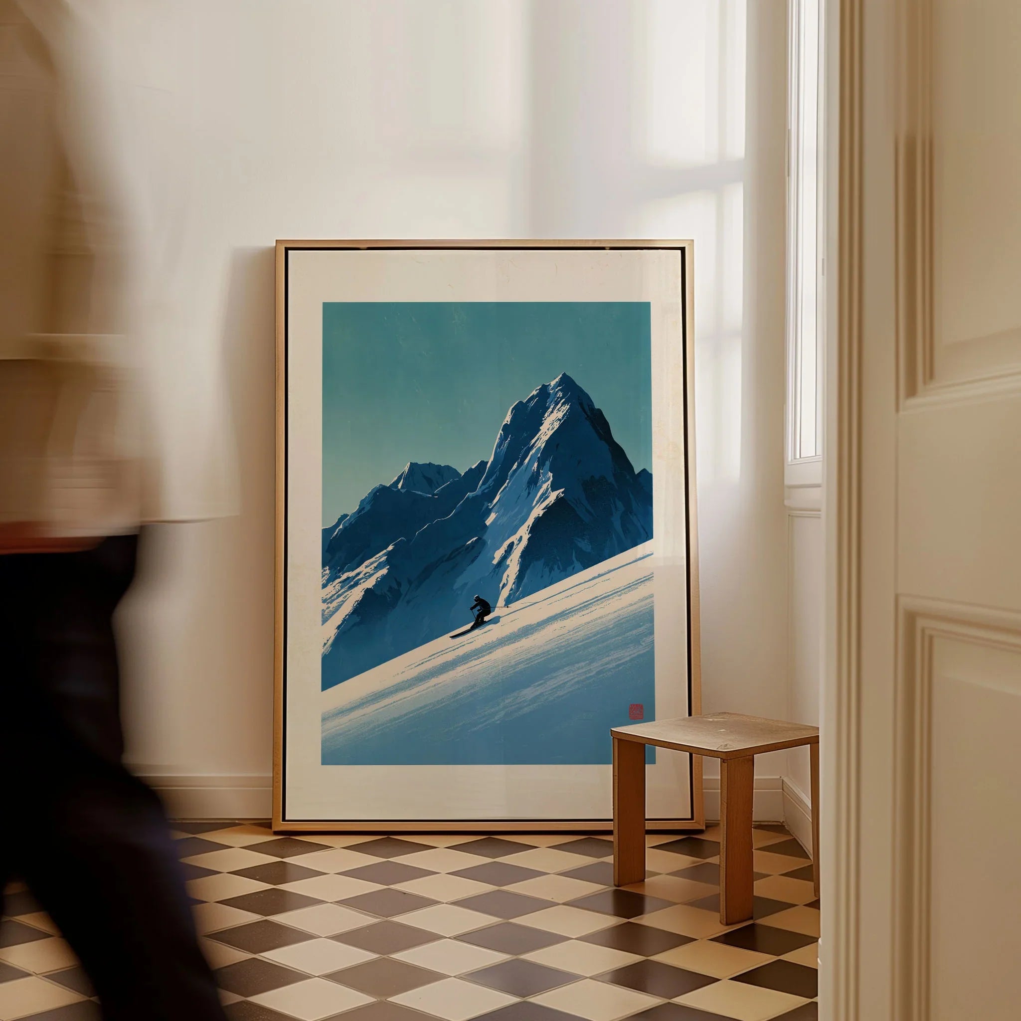 Ski Poster – Vintage Japanese Alpine Skiing Wall Art — framed canvas on floor man walking past
