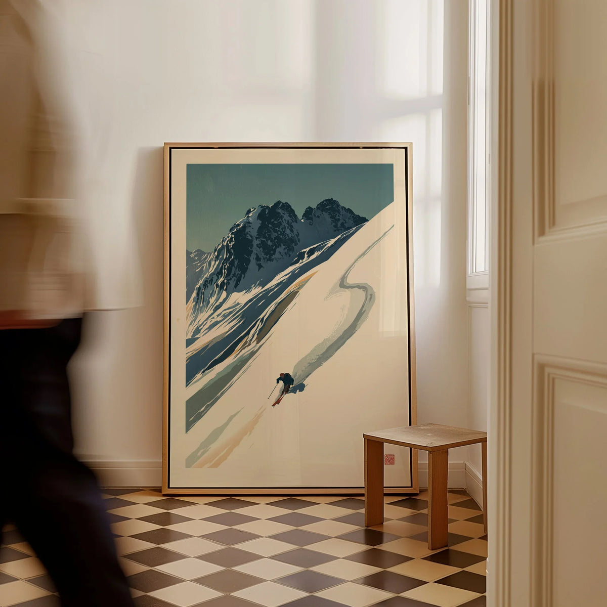 Downhill Skier Art Print – Vintage Ski Poster Wall Art — framed canvas on floor man walking past
