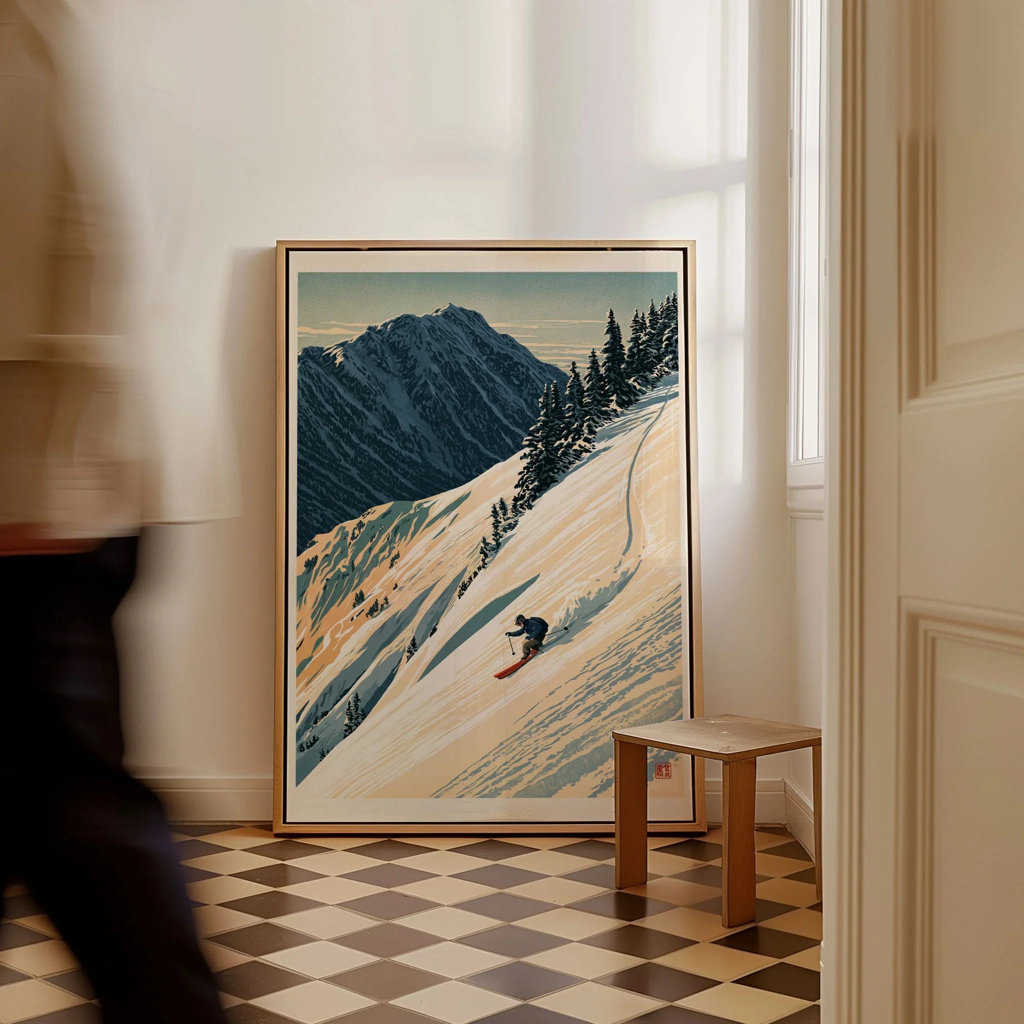 Powder Skiing Poster – Vintage Alpine Ski Wall Art — framed canvas on floor man walking past