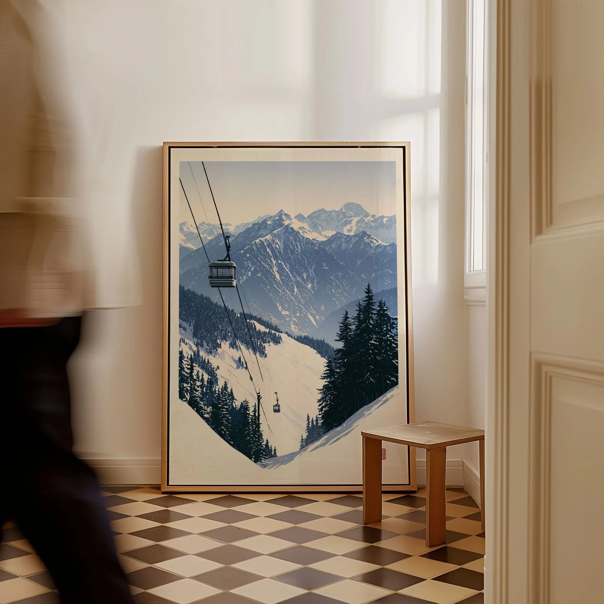 Ski Gondola Poster – Vintage Alpine Cable Car Wall Art — framed canvas on floor man walking past