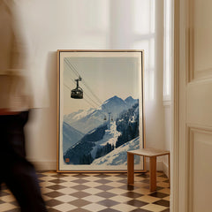 Ski Lift Art Print – Vintage Alpine Gondola Wall Art — framed canvas on floor man walking past