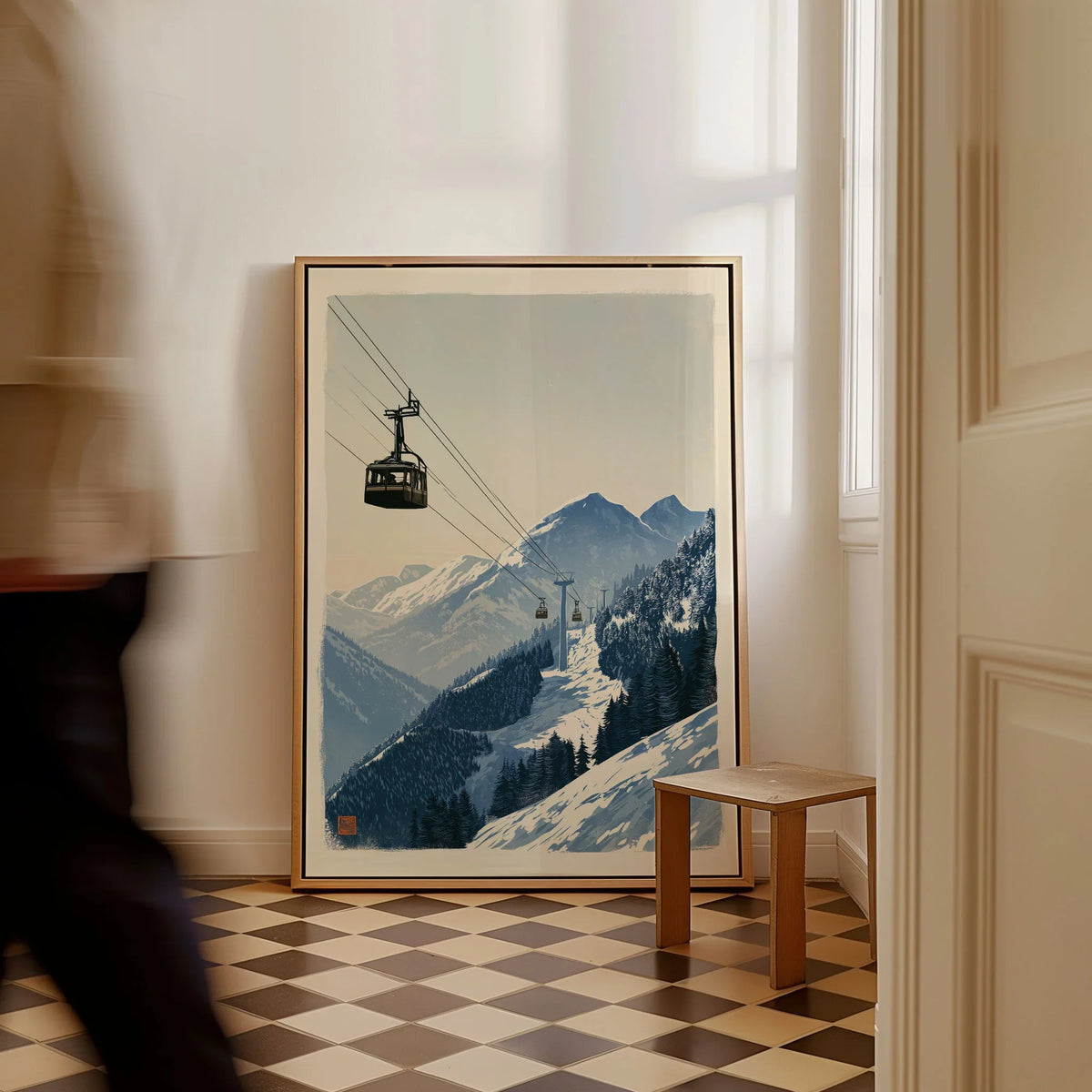 Ski Lift Art Print – Vintage Alpine Gondola Wall Art — framed canvas on floor man walking past