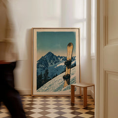 Vintage Snowboard Poster – Alpine Mountain Wall Art — framed canvas on floor man walking past