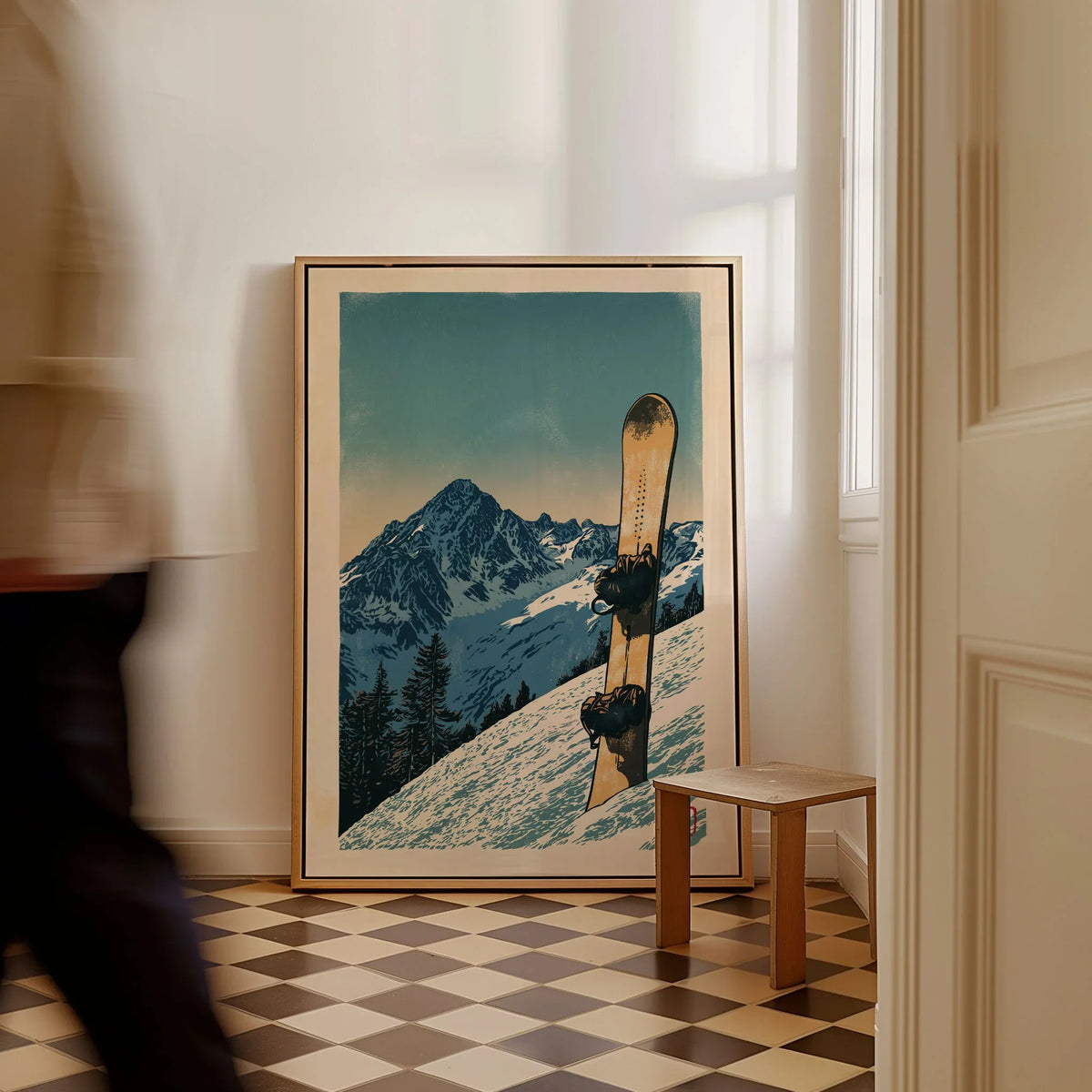 Vintage Snowboard Poster – Alpine Mountain Wall Art — framed canvas on floor man walking past