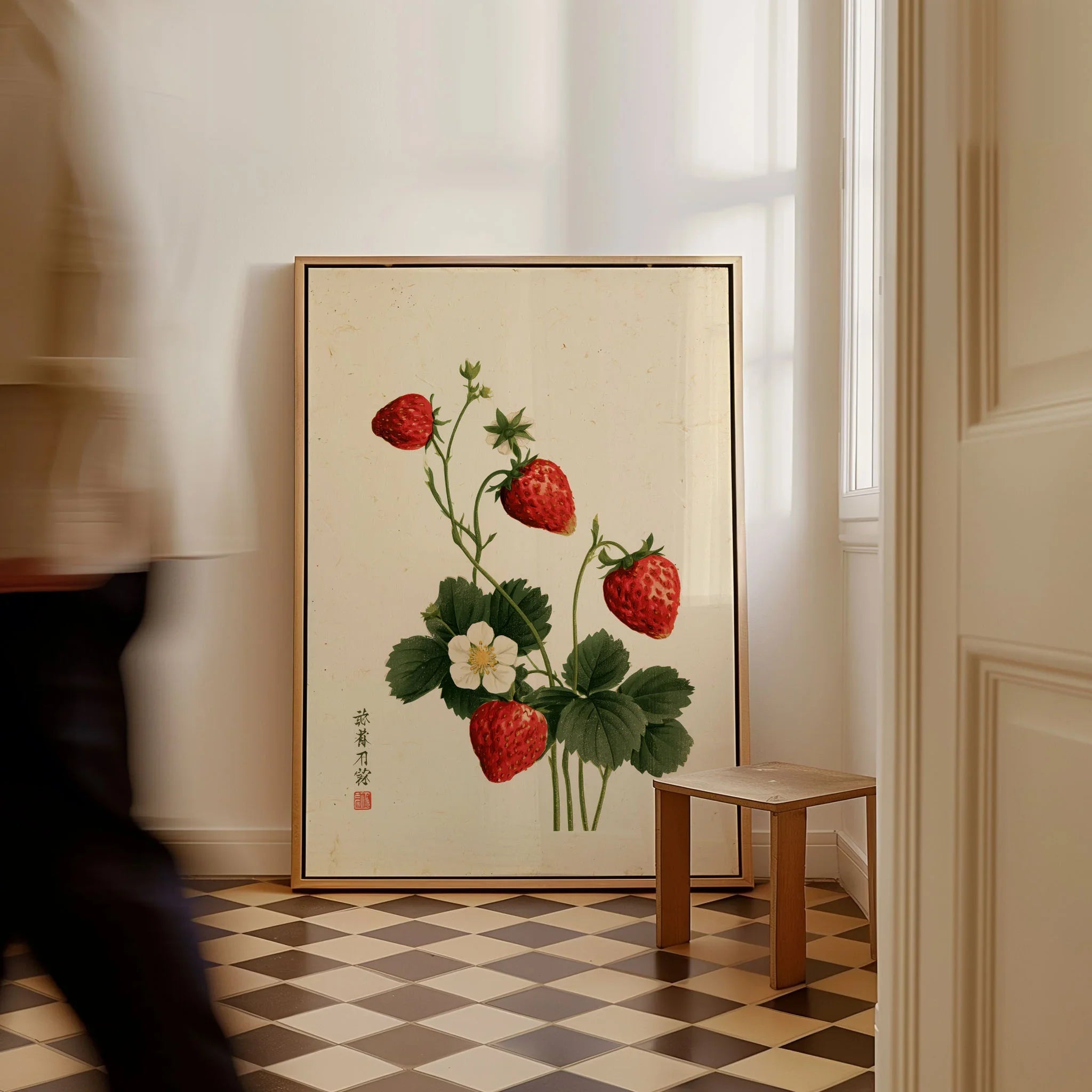 Strawberry Art Print – Vintage Japanese Botanical Wall Art — framed canvas on floor man walking past