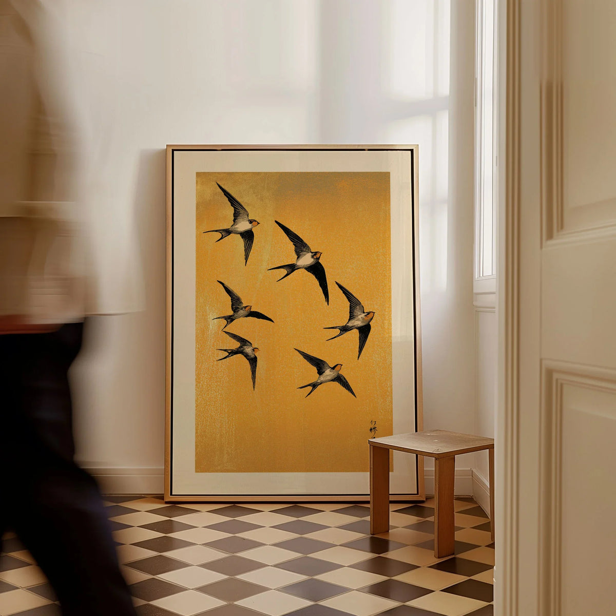 Swallows Art Print – Gold Japanese Bird Wall Art — framed canvas on floor man walking past