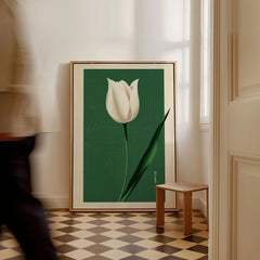 White Tulip Art Print – Green Japanese Botanical Wall Art — framed canvas on floor man walking past