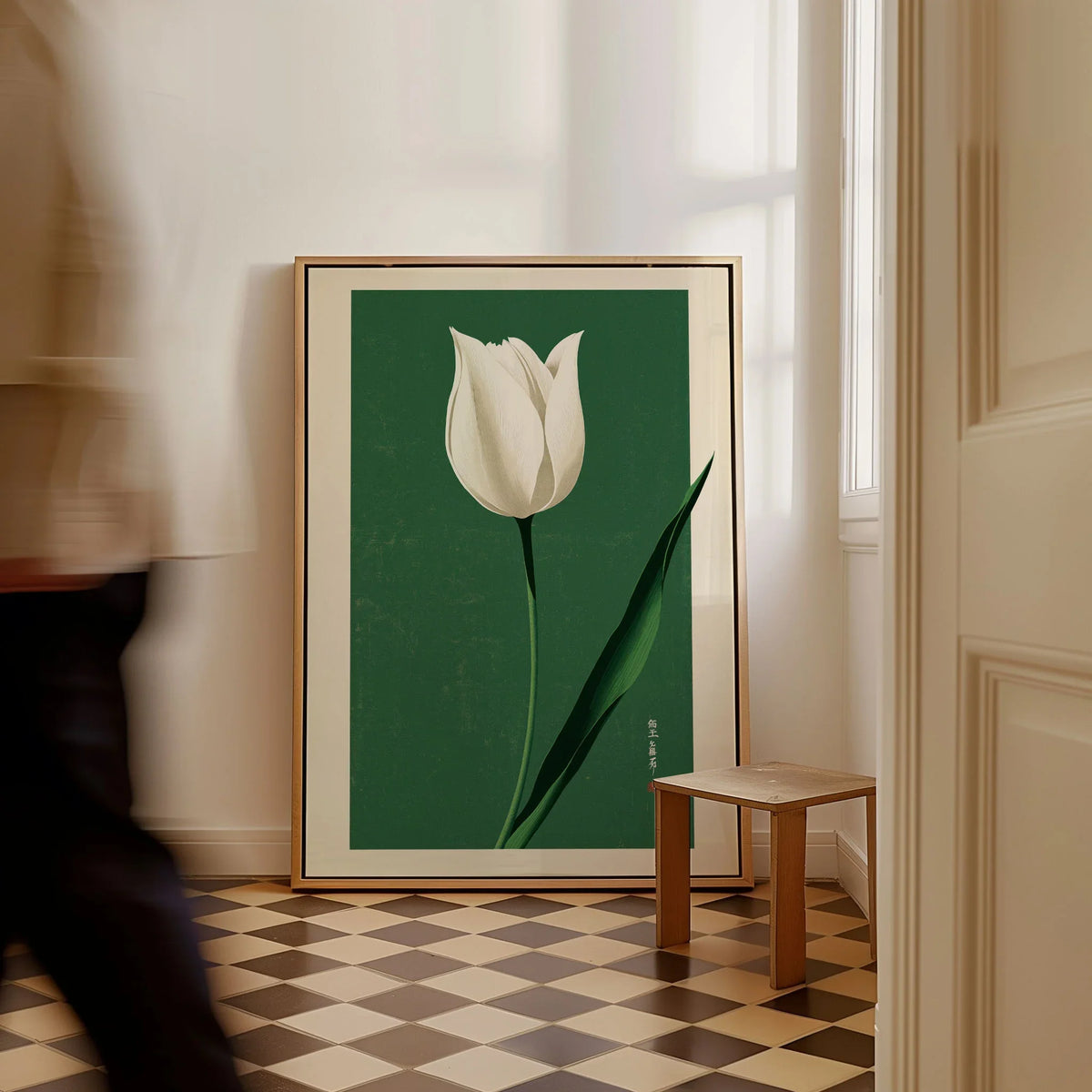 White Tulip Art Print – Green Japanese Botanical Wall Art — framed canvas on floor man walking past