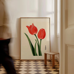 Tulip Art Print – Vintage Japanese Flower Wall Art — framed canvas on floor man walking past