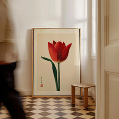 Deep Red Tulip Wall Art – Japanese Botanical Print — framed canvas on floor man walking past