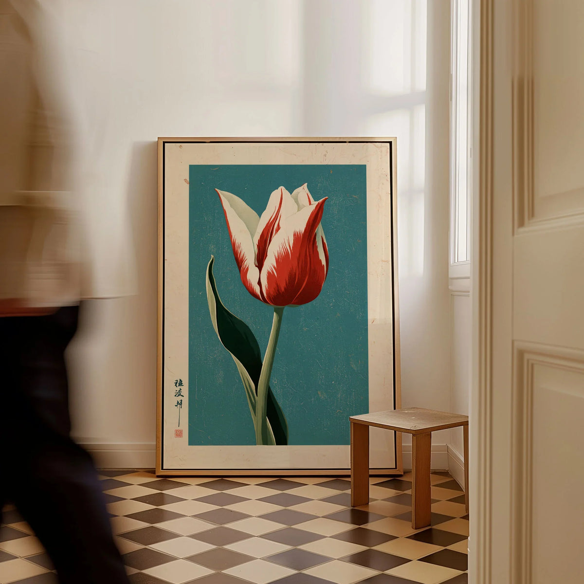 Striped Tulip Art Print – Blue Japanese Botanical Wall Art — framed canvas on floor man walking past