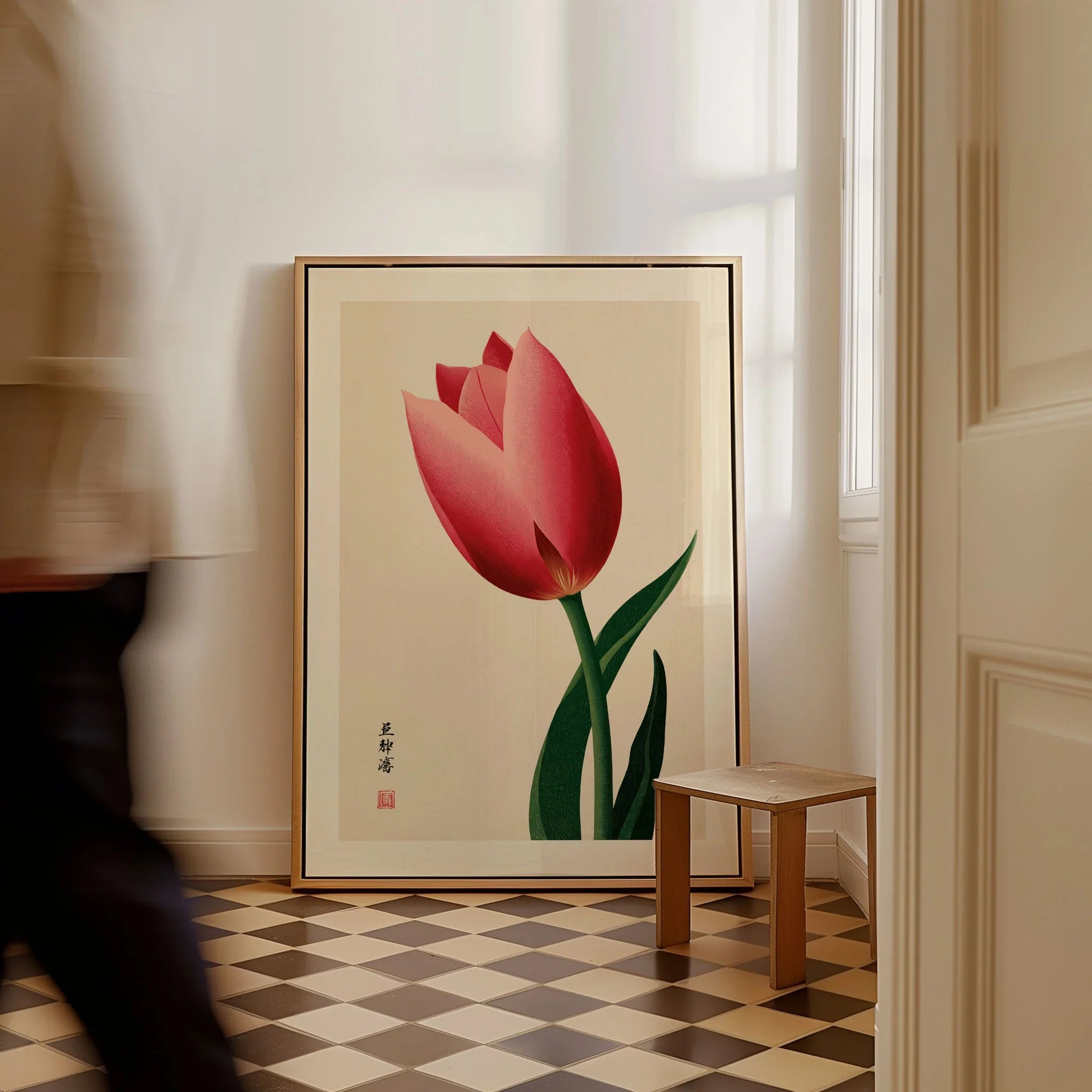 Pink Tulip Art Print – Japanese Botanical Wall Art — framed canvas on floor man walking past