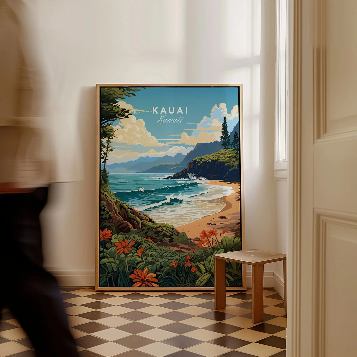 Kauai Print as a framed canvas leaning in a hallway with a chequered tiled floor