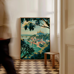 Kyiv Ukraine Golden Domes Travel Poster — golden domes on a wooded bluff above the Dnipro river, shown as framed canvas on floor man walking past