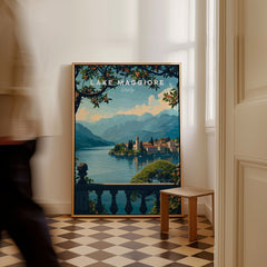 Lake Maggiore Travel Poster as a framed canvas leaning in a hallway with a chequered tiled floor