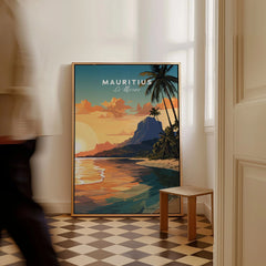 Le Morne Mauritius Poster as a framed canvas leaning in a hallway with a chequered tiled floor