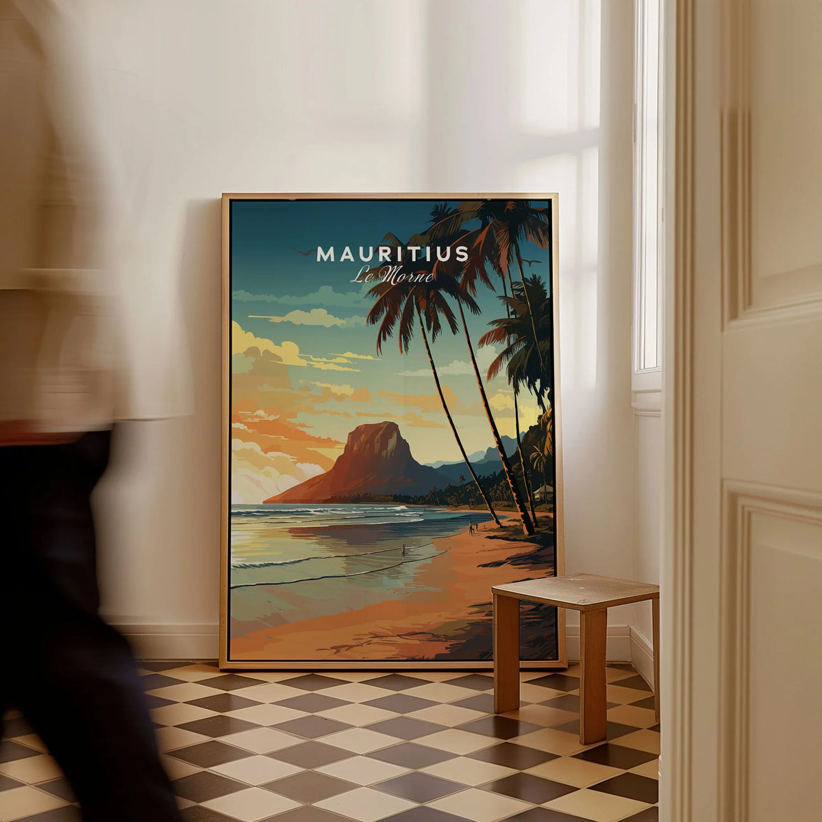 Mauritius Le Morne Poster as a framed canvas leaning in a hallway with a chequered tiled floor