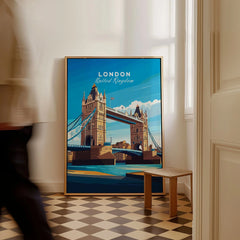 London Print England as a framed canvas leaning in a hallway with a chequered tiled floor