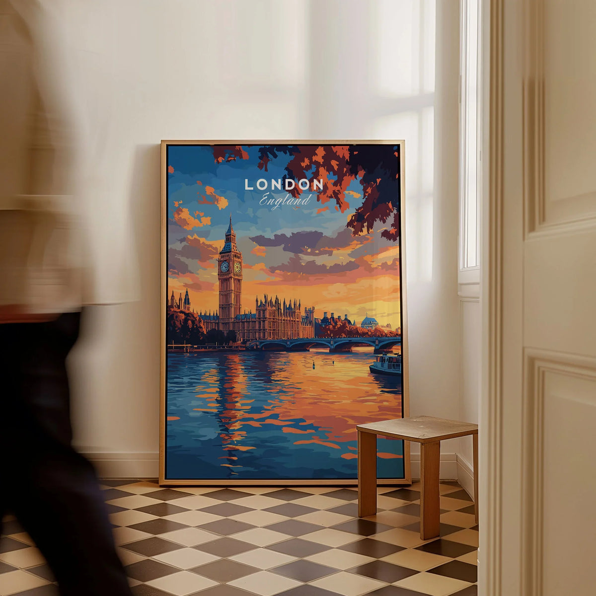 Big Ben London Art Print | Westminster Palace Poster as a framed canvas leaning in a hallway with a chequered tiled floor