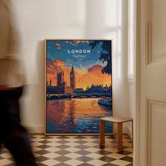 London Skyline Art | Big Ben & Houses of Parliament Print as a framed canvas leaning in a hallway with a chequered tiled floor