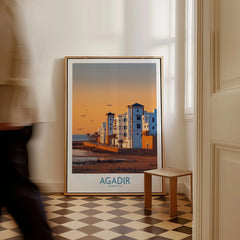 Agadir Morocco Wall Art as a framed canvas leaning in a hallway with a chequered tiled floor